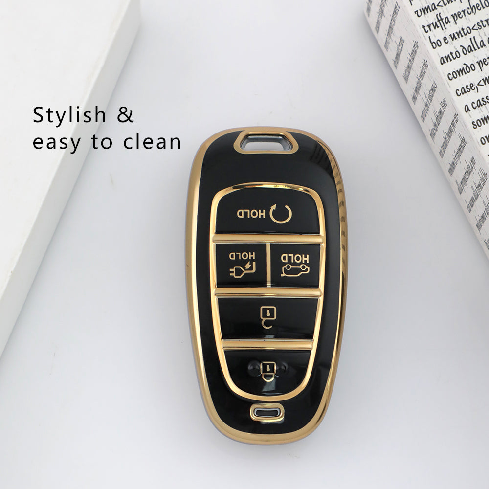 Keyzone TPU Car Key Cover & keychain Compatible for: Ioniq 5 smart key (KZTP_Ioniq5_LightGoldBlack_TPKeychain) - Keyzone