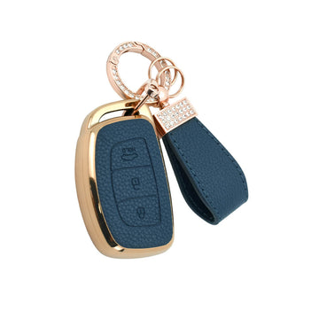 Keyzone litchi leather textured TPU key cover & keychain for Exter, Creta, i20, Aura, Xcent, Tucson, Elantra, Verna, Grand i10 3 Button Smart Key (BLTP07)