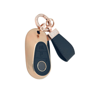 Keyzone litchi leather textured TPU key cover & keychain for S-Class G-Class E-Class 2022 Onwards 3 Button Smart Key (BLTP71)