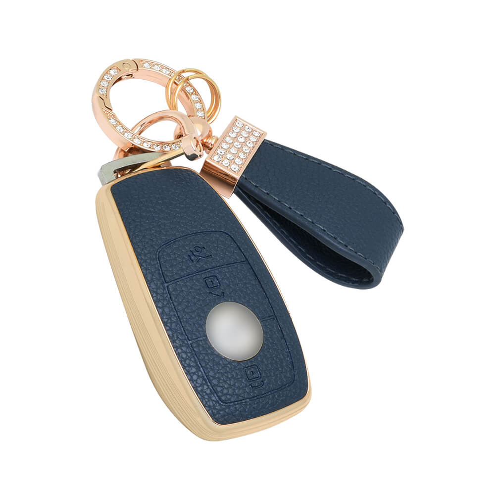 Keyzone litchi leather textured TPU key cover & keychain for E-Class S-Class A-Class C-Class G-Class 2020 Onwards Smart Key (BLTP70)