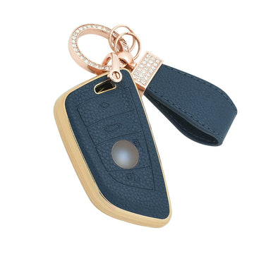 Keyzone litchi leather textured TPU key cover & keychain for X1, X3, X6, X5, 5 Series, 6 Series, 7 Series 4 Button Smart Key (T2) (BLTP52)