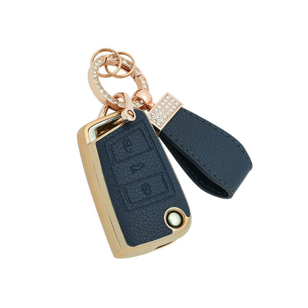 Keyzone litchi leather textured TPU key cover & keychain for Virtus, Tiguan, T-Roc, Taigun, Jetta, Octavia, Karoq, Superb, Kodiaq, Slavia Flip Key (BLTP44)