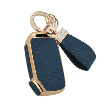 Keyzone litchi leather textured TPU key cover & keychain for Seltos, Sonet, Carens 3 button smart key (BLTP79)