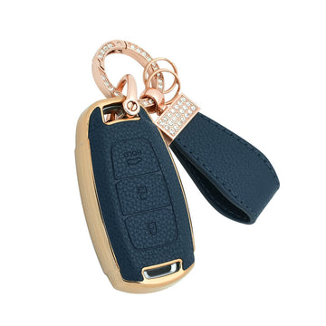 Keyzone litchi leather textured TPU key cover & keychain for i20, Kona, Verna 3 button smart key (BLTP41)