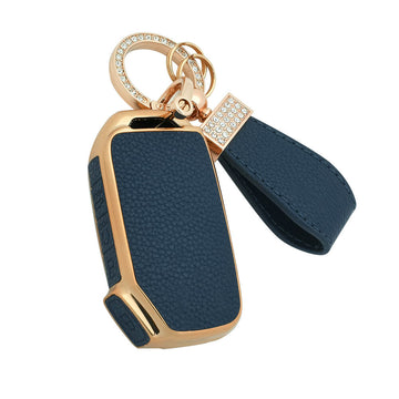 Keyzone litchi leather textured TPU key cover & keychain for Seltos, Sonet 2023 onwards 4 button smart key (BLTP77)