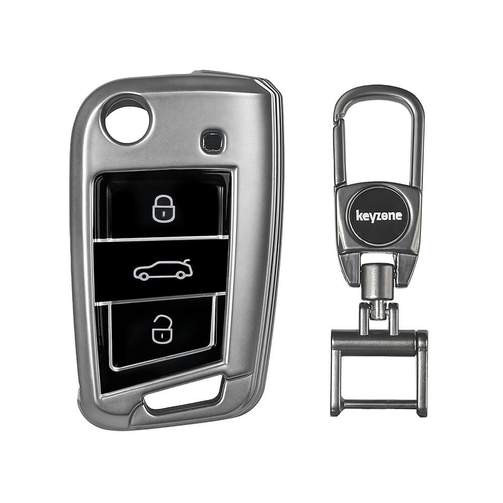 Keyzone TPU key cover & metal alloy key holder for Virtus, Tiguan, Taigun, Jetta, Slavia, Kodiaq, Kushaq, Karoq, Octavia flip key (GMTP44, MAH KeyHolder)