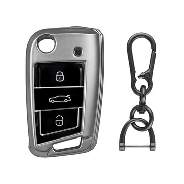 Keyzone TPU key cover & zinc alloy key holder for Virtus, Tiguan, Taigun, Jetta, Slavia, Kodiaq, Kushaq, Karoq, Octavia flip key (GMTP44, zinc alloy)