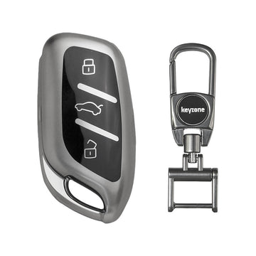 Keyzone TPU key cover & metal alloy key holder for MG ZS EV, Astor 3 button smart key (GMTP65, MAH KeyHolder)