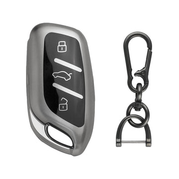 Keyzone TPU key cover & zinc alloy key holder for MG ZS EV, Astor 3 button smart key (GMTP65, Zinc Alloy)