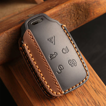 Keyzone dual leather key cover for Jaguar XF XJ XE F-PACE F-Type Range Rover Evoque Velar Discovery LR4 Land Rover Sport 5 button smart key (KDL72)