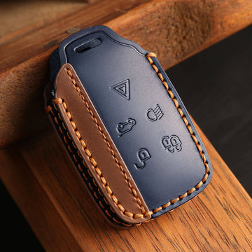 Keyzone dual leather key cover for Jaguar XF XJ XE F-PACE F-Type Range Rover Evoque Velar Discovery LR4 Land Rover Sport 5 button smart key (KDL72)