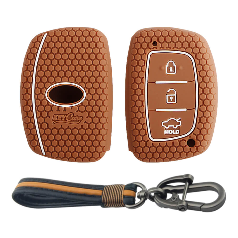 Keycare silicone key cover and keychain fit for : Exter, Creta, Elite I20, Active I20, Aura, Verna 4s, Xcent, Tucson, Elantra 3 button smart key (KC-07, Full leather keychain) - Keyzone