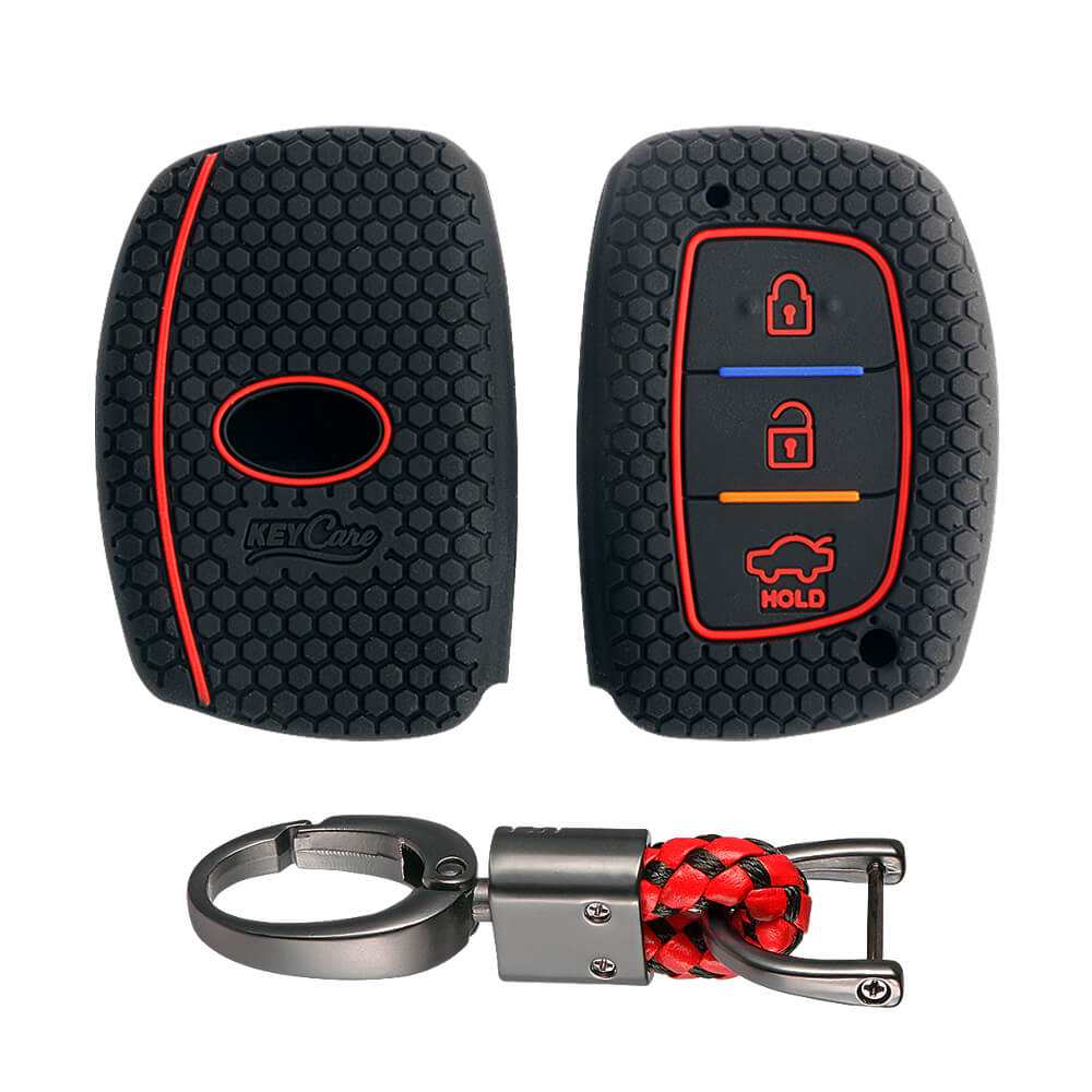 Keycare silicone key cover and keychain fit for : Exter, Creta, Elite I20, Active I20, Aura, Verna 4s, Xcent, Tucson, Elantra 3 button smart key (KC-07, Alloy keychain black) - Keyzone