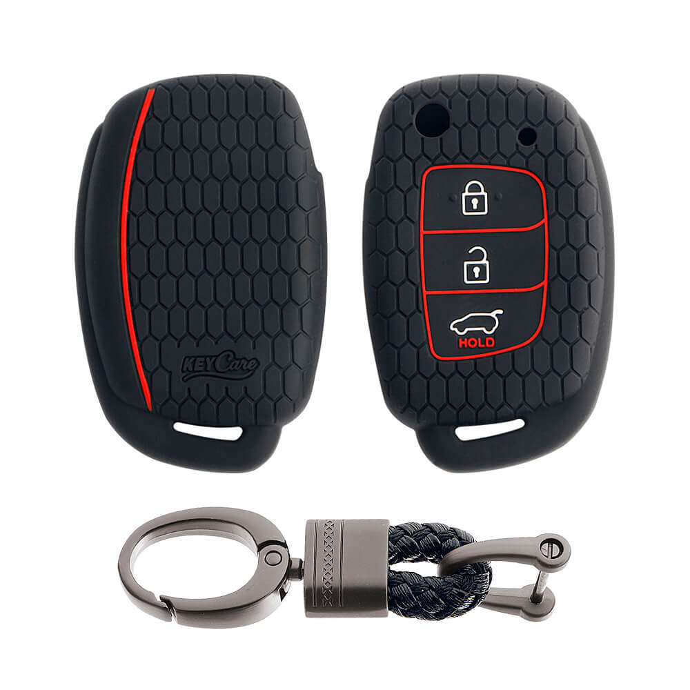 Keycare silicone key cover and keychain fit for : Creta, I20 2020, I20 Elite, I20 Active, Grand I10, Aura, Xcent 19 Onwards, Venue flip key (KC-10, Alloy black Keychain)