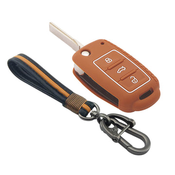 Keycare silicone key cover and keychain fit for : Octavia (Old), Fabia, Laura, Rapid, Superb, Yeti 3 button flip key (KC-13, Full leather keychain)