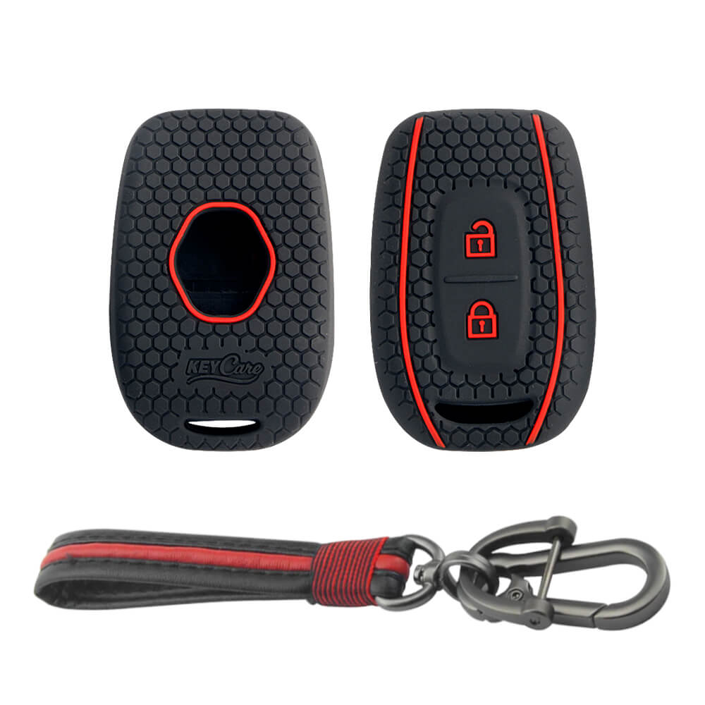 Keycare silicone key cover and keyring fit for : Kwid, Duster, Triber, Kiger remote key (KC-17, Full Leather Keychain) - Keyzone