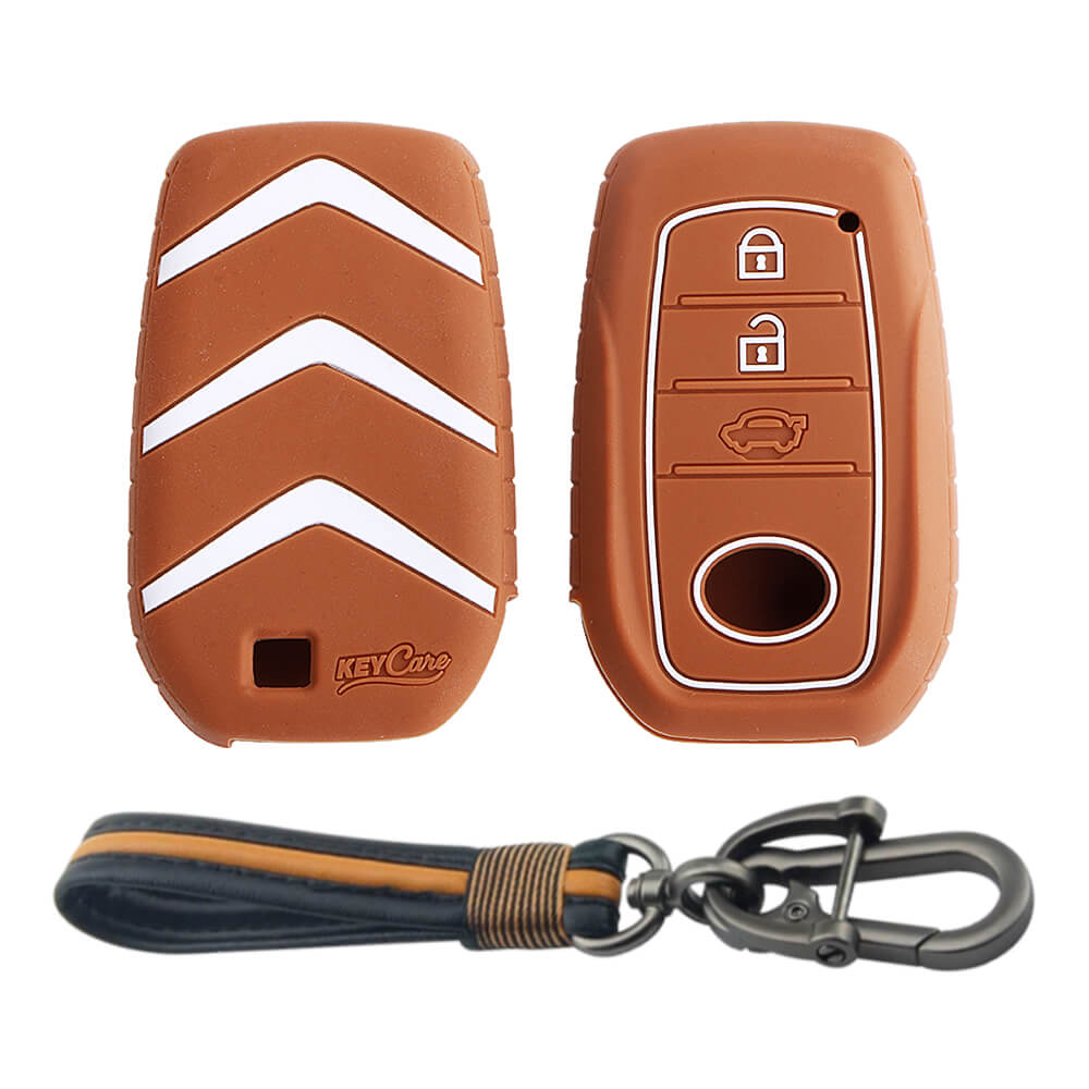 Keycare silicone key cover and keychain fit for : Toyota Innova Crysta, Innova HyCross, Hilux, Fortuner, Fortuner Facelift 2021, Fortuner Legender 2021 smart key (KC-18, Full leather keychain) - Keyzone