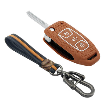 Keycare silicone key cover and keychain fit for : Tata Zest, Bolt, Tigor, Hexa, Tiago, Zica, Safari Storme, Nexon, Harrier, flip key (KC-29, Full leather keychain)