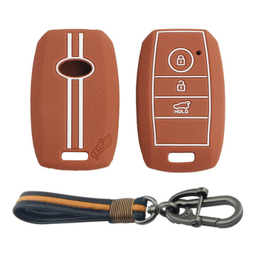 Keycare silicone key cover and keyring fit for : Kia Seltos 3 button smart key (KC-31, Full Leather Keychain)