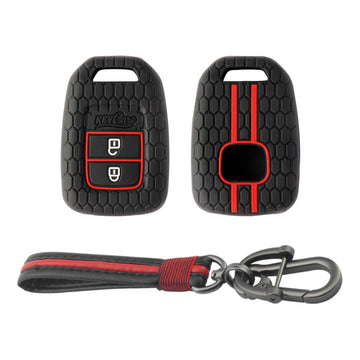 Keycare silicone key cover and keyring fit for : Wr-v, City, Jazz, Amaze 2014+ 2 button remote key (KC-33, Full Leather Keychain)