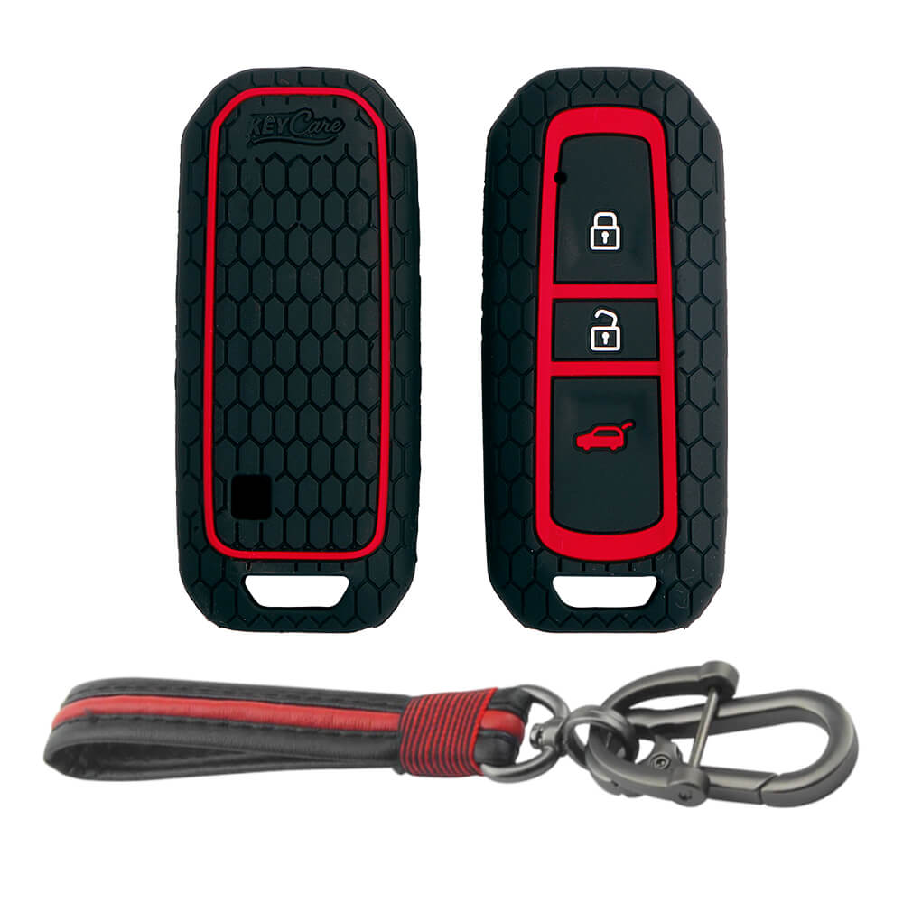 Keycare silicone key cover and keyring fit for : MG Hector 3 button smart key (KC-36, Full Leather Keychain) - Keyzone