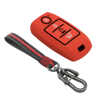 Keycare silicone key cover and keychain fit for : Sonet, Seltos 2020, Carens, Seltos X-line 4 button smart key (KC-61, Full leather keychain)