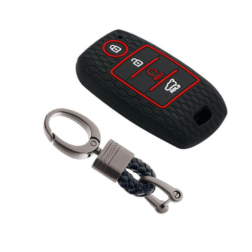 Keycare silicone key cover and keychain fit for : Sonet, Seltos 2020, Carens, Seltos X-line 4 button smart key (KC-61, Alloy keychain Black)