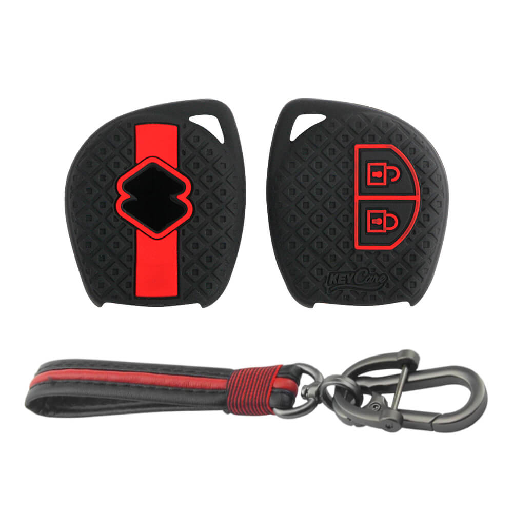 Keycare silicone key cover & keychain for: Fronx, Jimny, Swift, Dzire, XL6, Ignis, Grand Vitara, Brezza, WagonR, Vitara Brezza, Celerio, Ertiga, Ciaz, Scross, Baleno, Alto, SPresso, Alto K10, SX4, Ritz 2b remote key (KC-63, Full Leather Keychain) - Keyzone