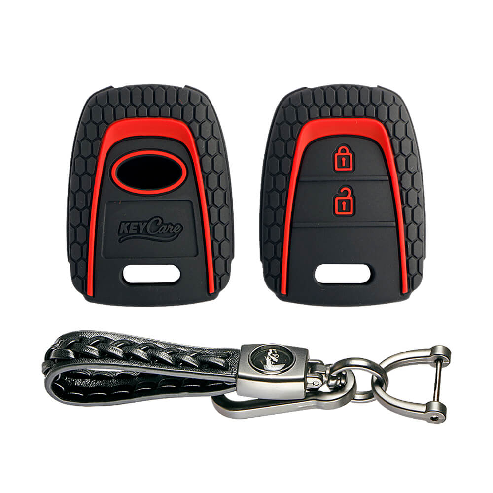 Keycare silicone key cover and keyring fit for : Santro, Eon, I10 Grand remote key (KC-27, Leather Woven Keychain) - Keyzone