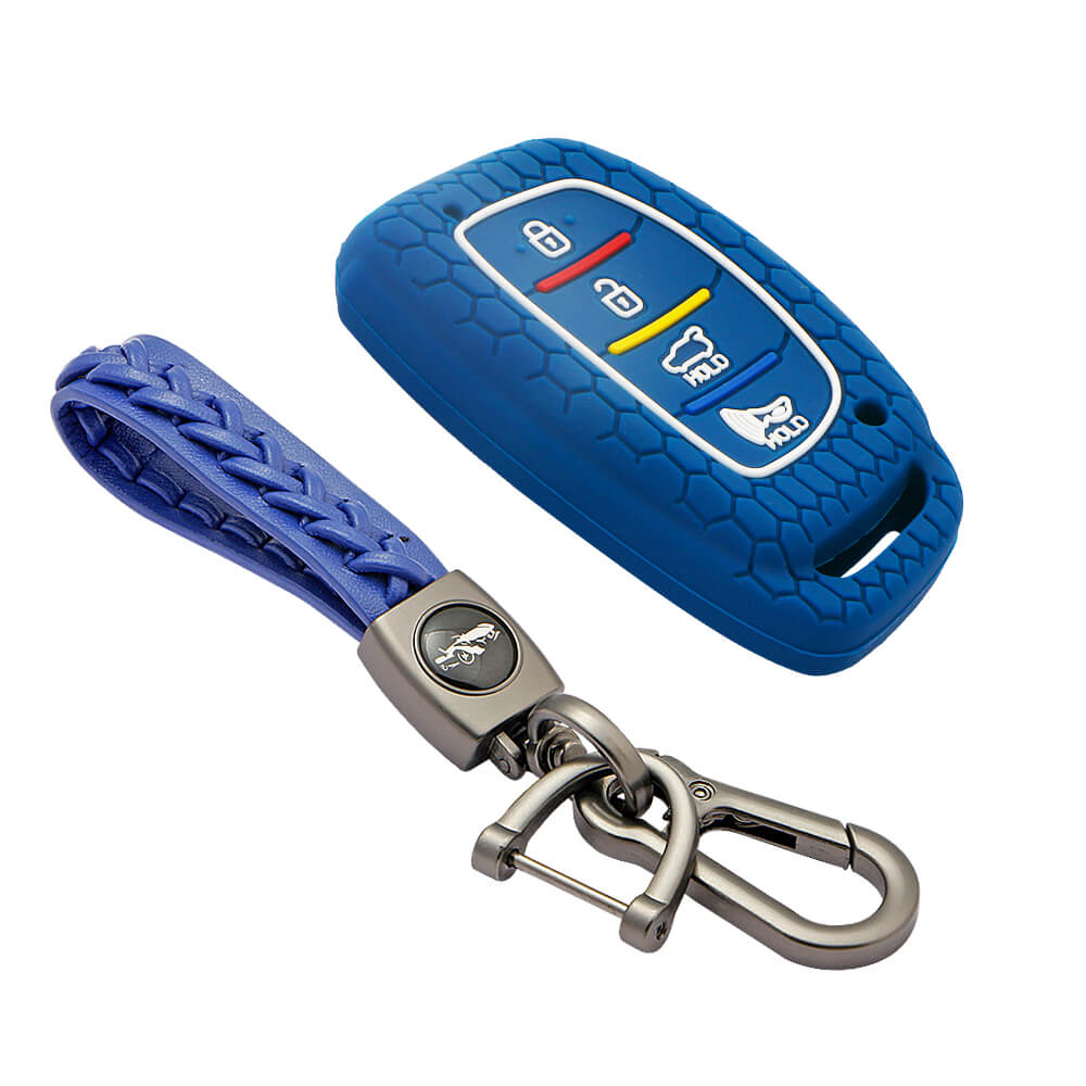 Keycare silicone key cover and keyring fit for : Venue, Elantra, Tucson, I20 N Line 2021, Creta 2020, i20 2020 Hyundai 4 button smart key (KC-30, Leather Woven Keychain) - Keyzone