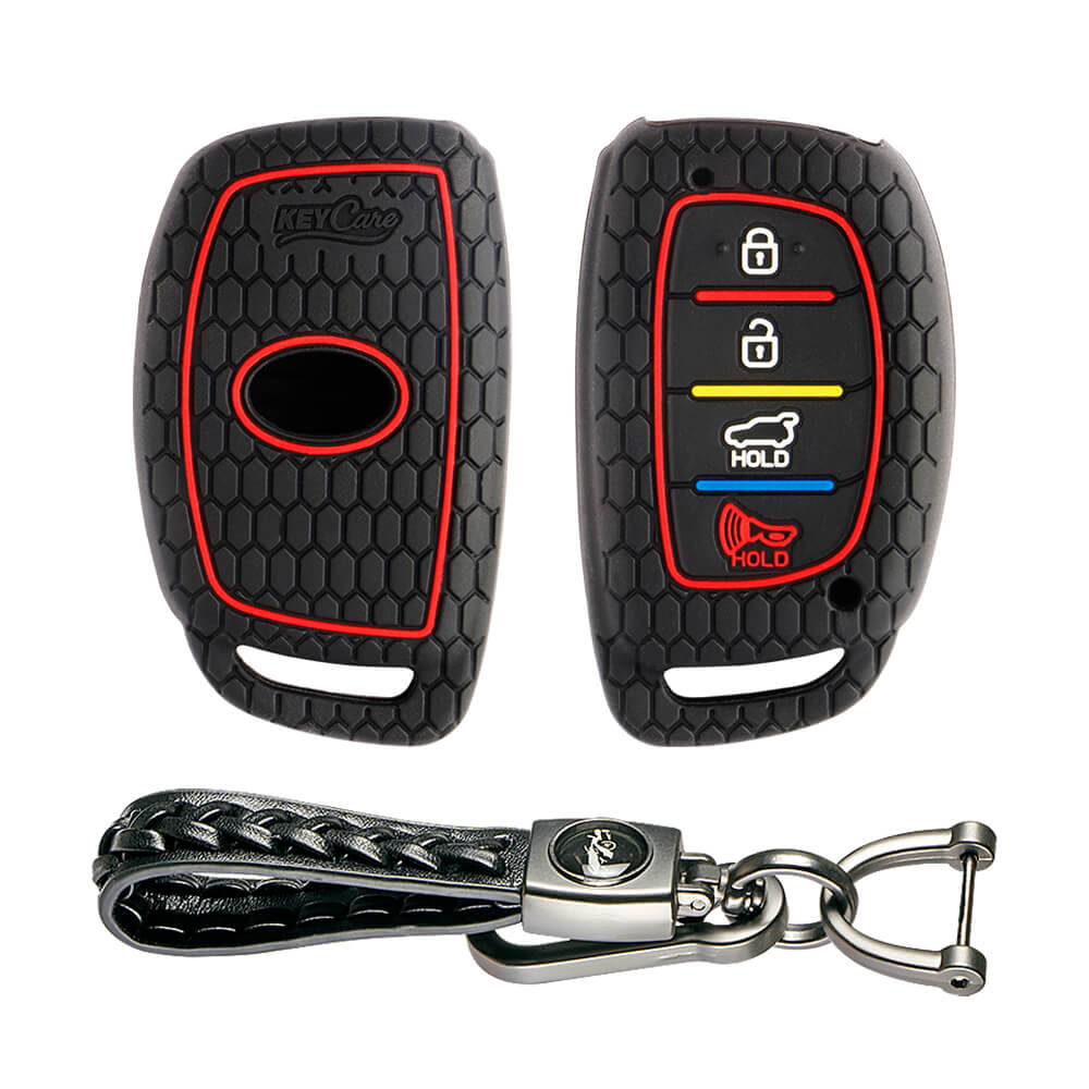 Keycare silicone key cover and keyring fit for : Venue, Elantra, Tucson, I20 N Line 2021, Creta 2020, i20 2020 Hyundai 4 button smart key (KC-30, Leather Woven Keychain) - Keyzone