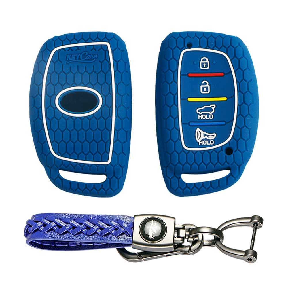 Keycare silicone key cover and keyring fit for : Venue, Elantra, Tucson, I20 N Line 2021, Creta 2020, i20 2020 Hyundai 4 button smart key (KC-30, Leather Woven Keychain) - Keyzone