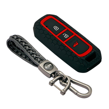 Keycare silicone key cover and keyring fit for : MG Hector 3 button smart key (KC-36, Leather Woven Keychain)