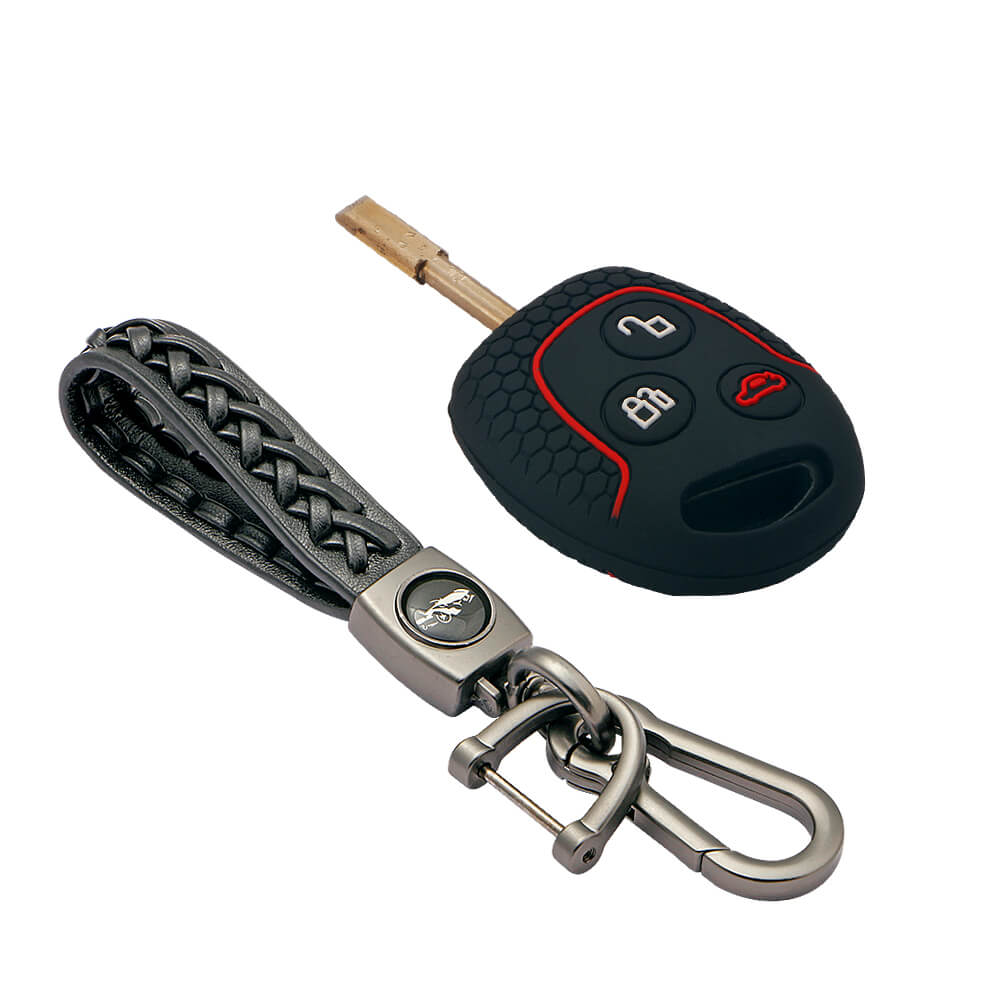 Keycare silicone key cover and keyring fit for : Fiesta, Fusion, Figo 3 button remote key (KC-37, Leather Woven Keychain) - Keyzone