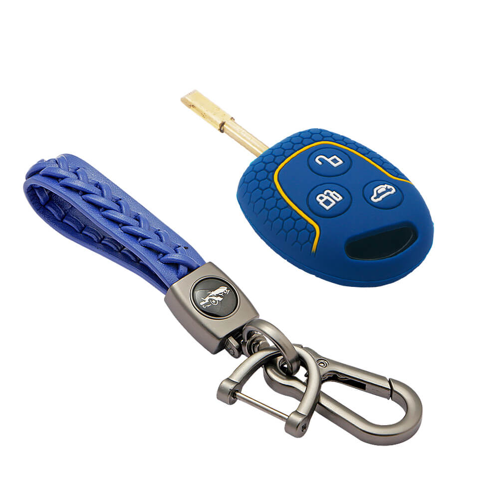 Keycare silicone key cover and keyring fit for : Fiesta, Fusion, Figo 3 button remote key (KC-37, Leather Woven Keychain) - Keyzone