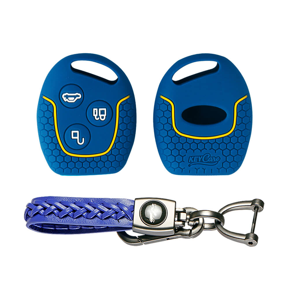 Keycare silicone key cover and keyring fit for : Fiesta, Fusion, Figo 3 button remote key (KC-37, Leather Woven Keychain) - Keyzone