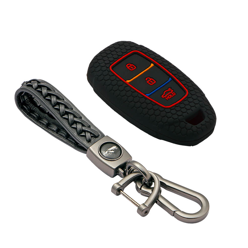 Keycare silicone key cover and keyring fit for : i20, Kona, Verna 2018 Onwards 3 button smart key (KC-41, Leather Woven Keychain) - Keyzone