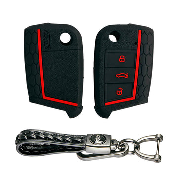 Keycare silicone key cover and keyring fit for : Karoq, Octavia, Superb, Kodiaq, Slavia flip key (KC-44, Leather Woven Keychain)