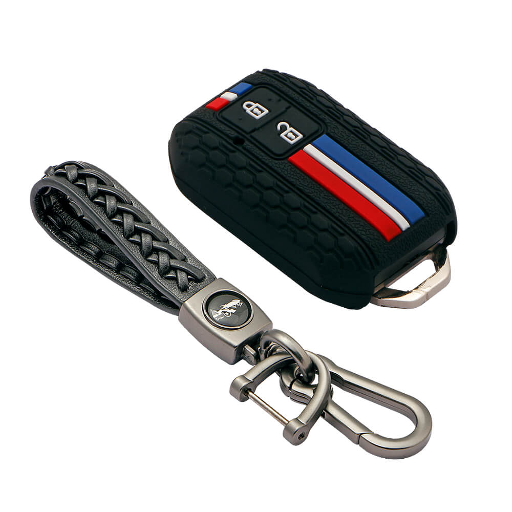 Keyzone striped key cover and keychain fit for : Glanza, Urban Cruiser Hyryder, Rumion 2 button smart key (KZS-01, Woven Keyholder) - Keyzone