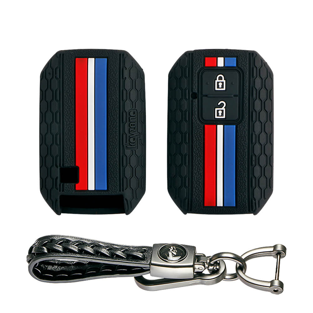 Keyzone striped cover and keychain fit for : Jimny, Baleno, Grand Vitara, Xl6, Ignis, Swift, Ertiga, New Brezza 2022, Fronx, Dzire 2b smart key (KZS-01, Leather Woven Keychain) - Keyzone