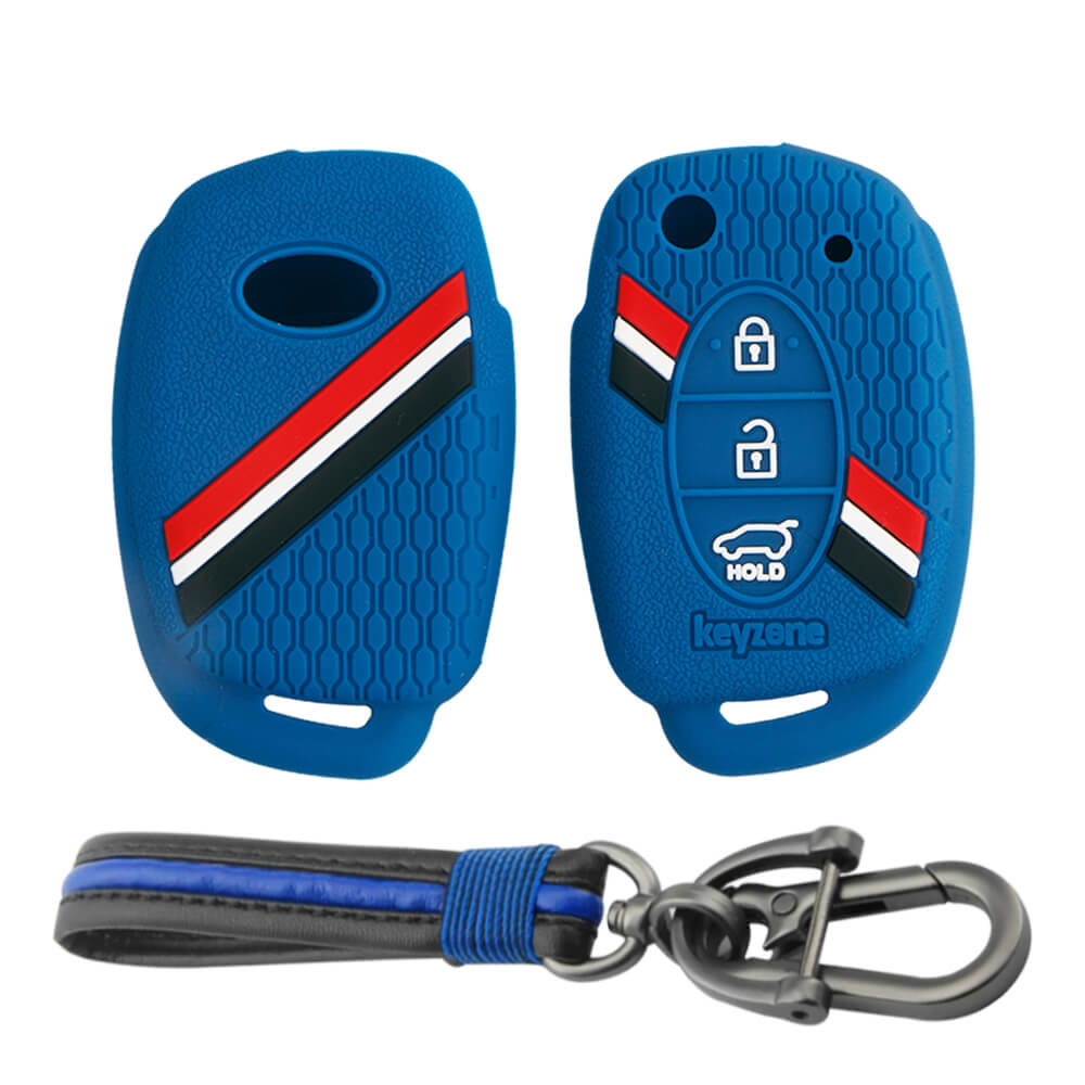 Keyzone striped key cover and keychain fit for : Creta, I20 2020, I20 Elite, I20 Active, Grand I10, Aura, Xcent 19 Onwards, Venue flip key (KZS-03, Full Leather Keychain) - Keyzone