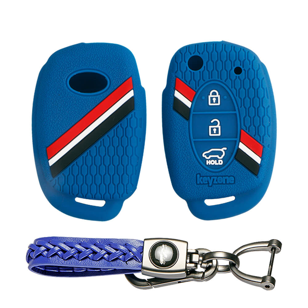 Keyzone striped key cover and keychain fit for : Creta, I20 2020, I20 Elite, I20 Active, Grand I10, Aura, Xcent 19 Onwards, Venue flip key (KZS-03, Leather Woven Keychain) - Keyzone