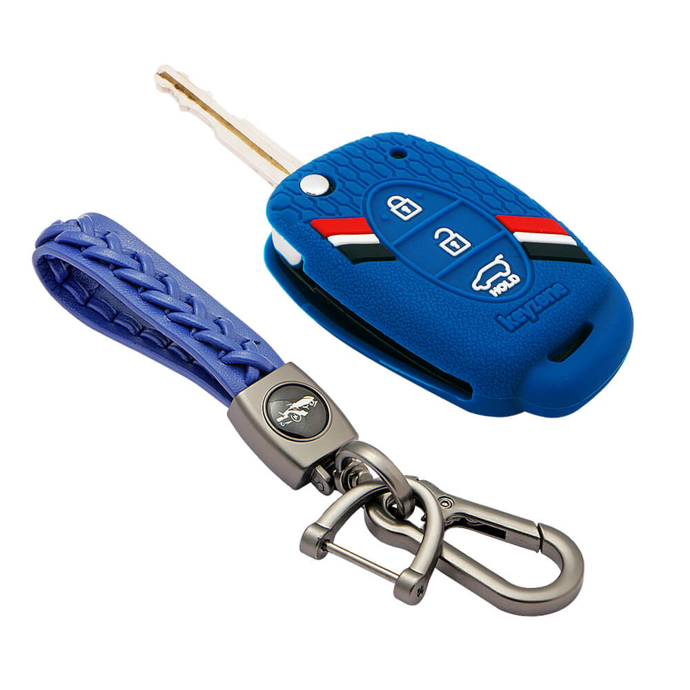 Keyzone striped key cover and keychain fit for : Creta, I20 2020, I20 Elite, I20 Active, Grand I10, Aura, Xcent 19 Onwards, Venue flip key (KZS-03, Leather Woven Keychain) - Keyzone