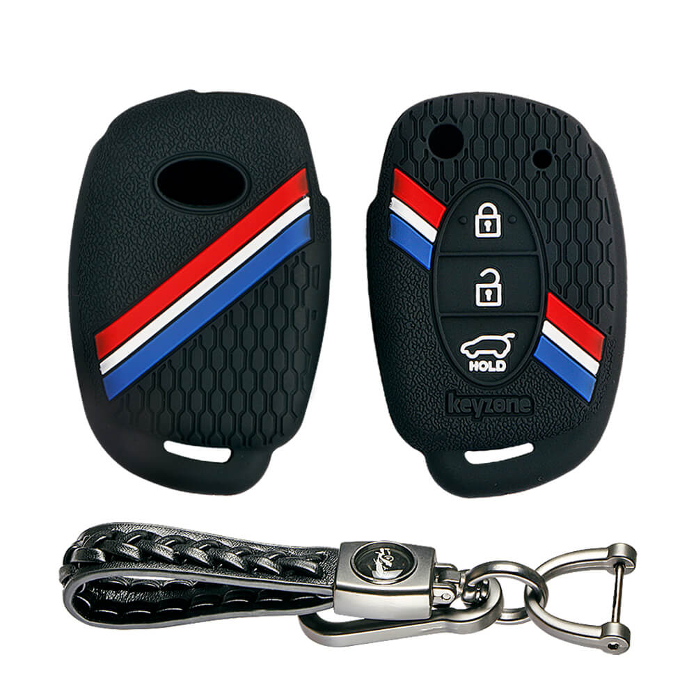 Keyzone striped key cover and keychain fit for : Creta, I20 2020, I20 Elite, I20 Active, Grand I10, Aura, Xcent 19 Onwards, Venue flip key (KZS-03, Leather Woven Keychain) - Keyzone