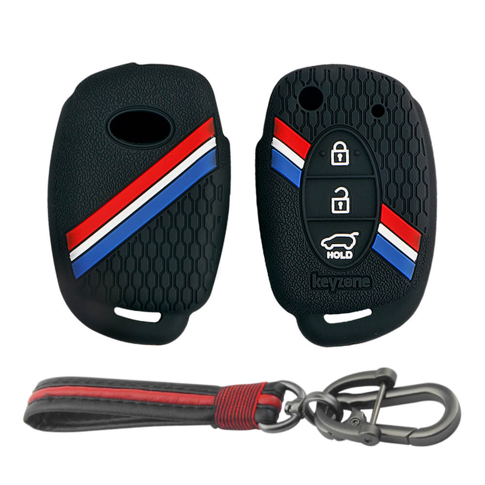 Keyzone striped key cover and keychain fit for : Creta, I20 2020, I20 Elite, I20 Active, Grand I10, Aura, Xcent 19 Onwards, Venue flip key (KZS-03, Full Leather Keychain) - Keyzone