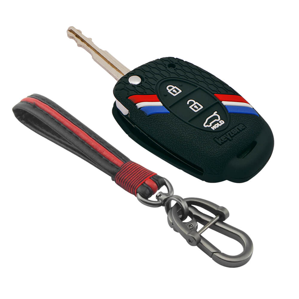 Keyzone striped key cover and keychain fit for : Creta, I20 2020, I20 Elite, I20 Active, Grand I10, Aura, Xcent 19 Onwards, Venue flip key (KZS-03, Full Leather Keychain) - Keyzone