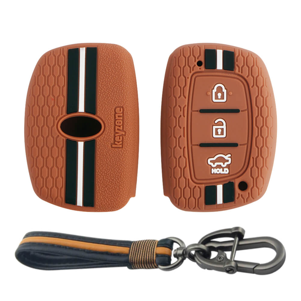 Keyzone striped key cover and keychain fit for : Exter, Creta, Elite I20, Active I20, Aura, Verna 4s, Xcent, Tucson, Elantra 3 button smart key (KZS-05, Full Leather Keychain) - Keyzone