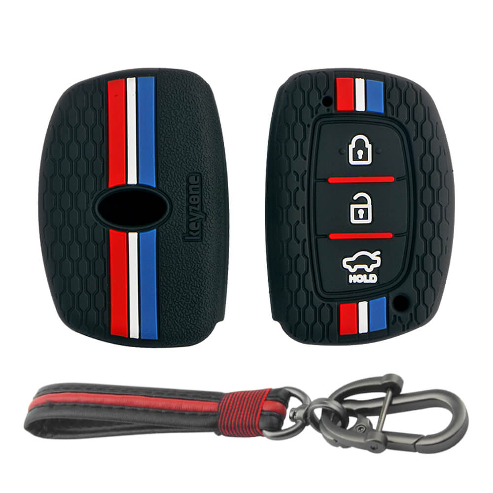 Keyzone striped key cover and keychain fit for : Exter, Creta, Elite I20, Active I20, Aura, Verna 4s, Xcent, Tucson, Elantra 3 button smart key (KZS-05, Full Leather Keychain) - Keyzone