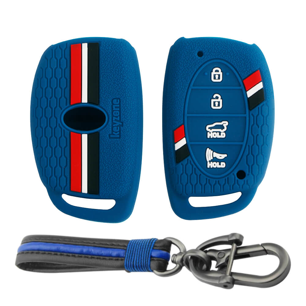 Keyzone striped key cover and keychain fit for : Venue, Elantra, Tucson, I20 N Line 2021, Creta 2020, i20 2020 Hyundai 4 button smart key (KZS06, Full Leather Keychain) - Keyzone