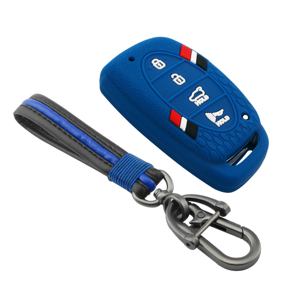 Keyzone striped key cover and keychain fit for : Venue, Elantra, Tucson, I20 N Line 2021, Creta 2020, i20 2020 Hyundai 4 button smart key (KZS06, Full Leather Keychain) - Keyzone